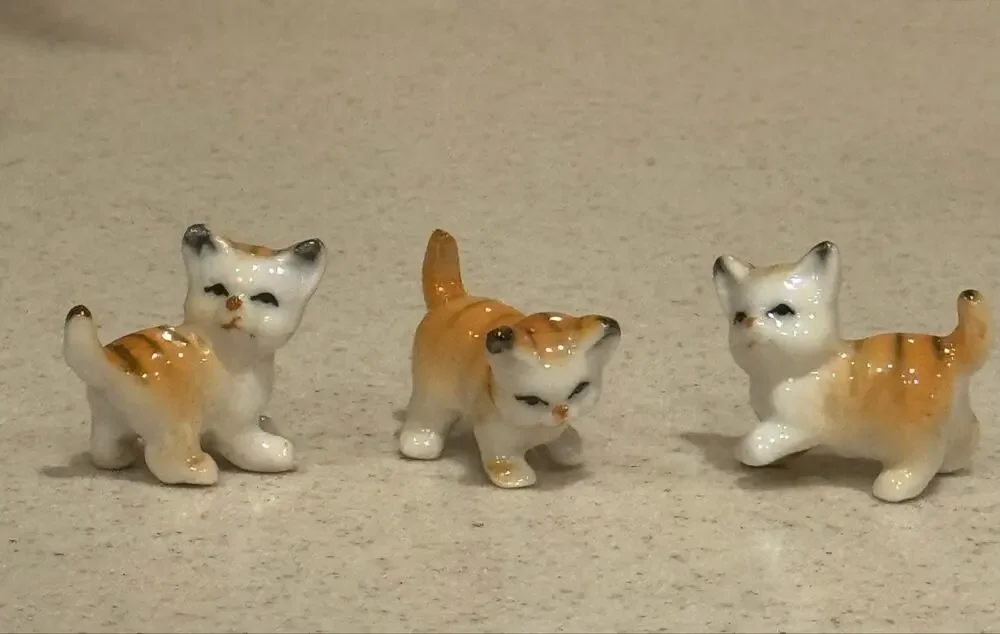 Vintage Bone China orange Cat Figurine Japan Miniature Playful Kittens
